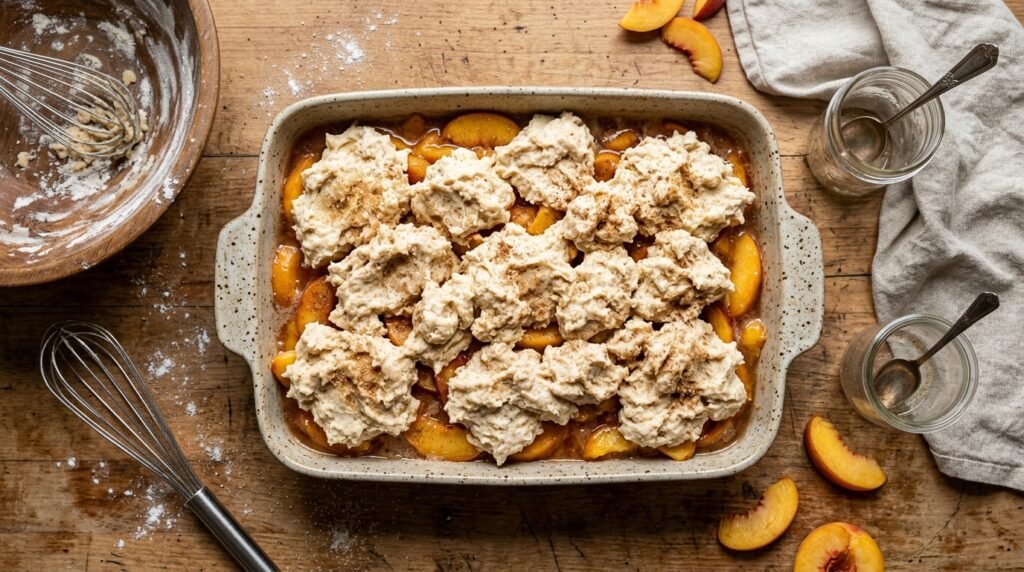 Peach cobbler ready to bake before going into the oven