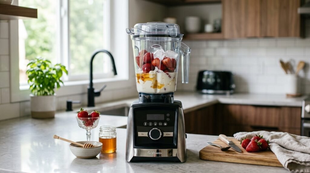 Blending fresh ingredients for a strawberry smoothie.