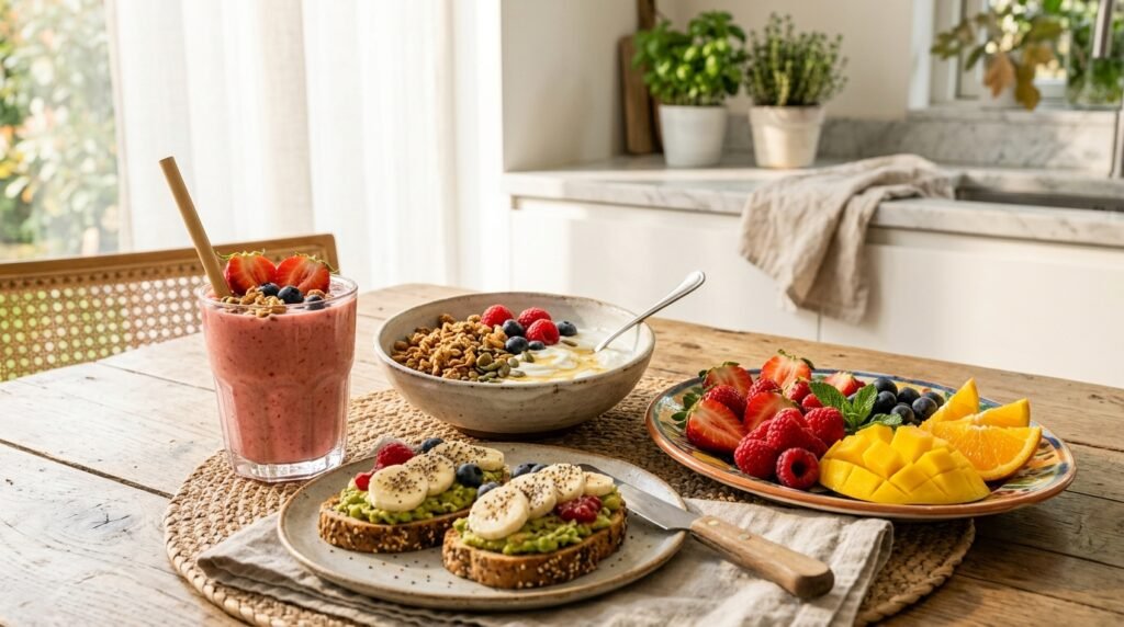 Strawberry smoothie served as part of a healthy breakfast.