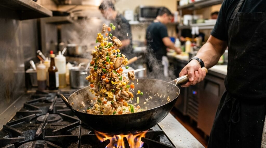 Mixing chicken fried rice in a wok