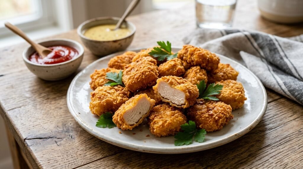 Easy chicken nuggets recipe at home served with dipping sauce