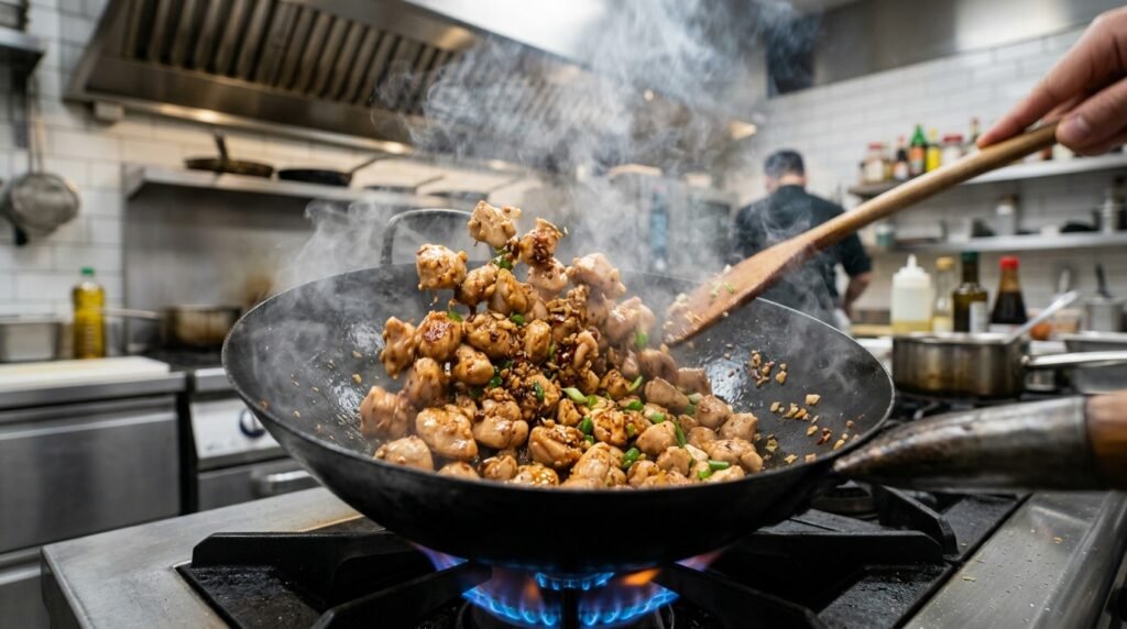 Cooking chicken for fried rice