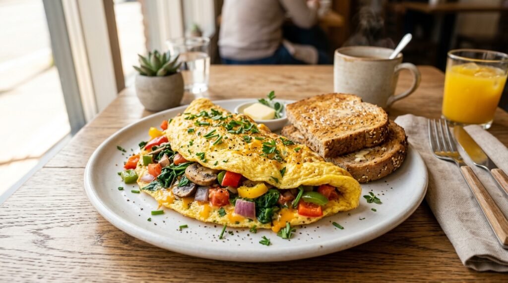 Healthy vegetable omelette with whole wheat toast.