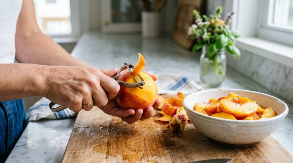 Peeling fresh peaches for homemade peach cobbler