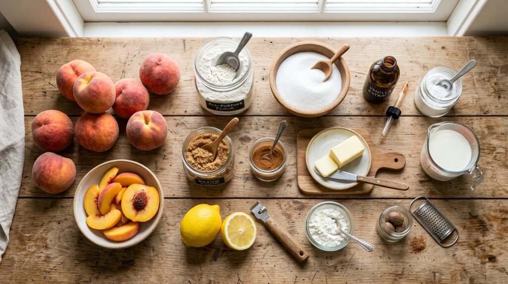 Ingredients for making the best homemade peach cobbler recipe