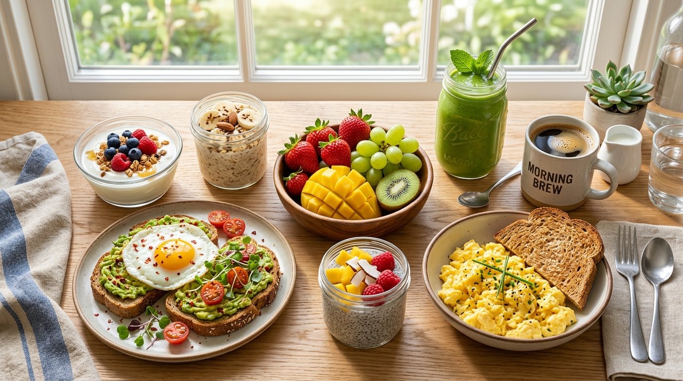 Quick and healthy breakfast ideas with avocado toast, yogurt, fruits, and smoothies.