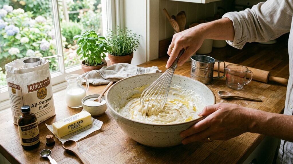 Homemade peach cobbler batter being prepared