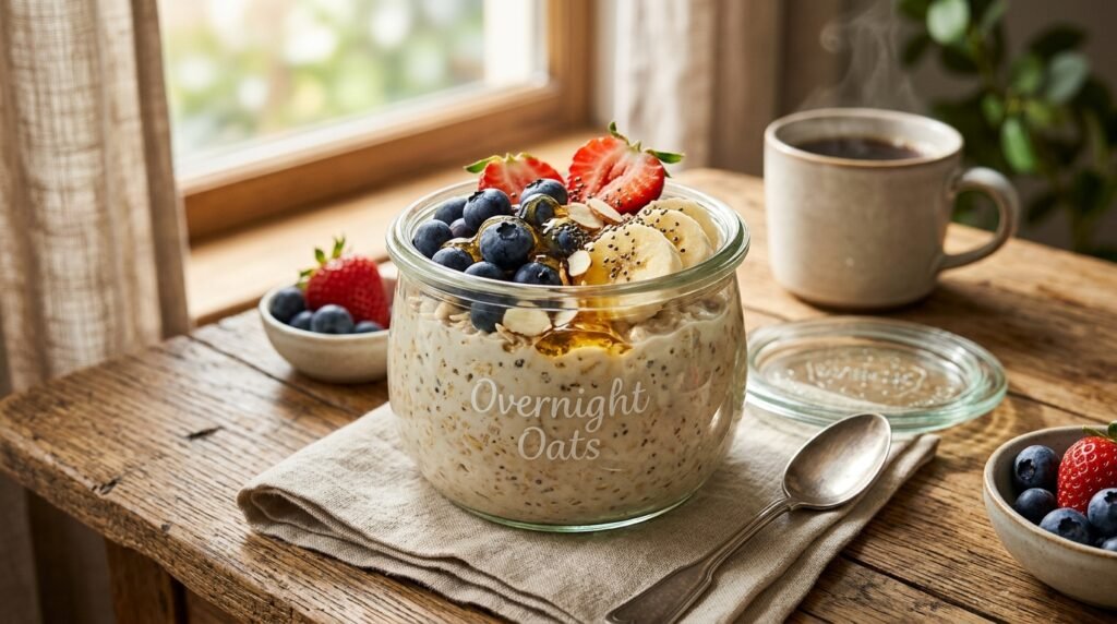 Healthy overnight oats topped with fresh berries and chia seeds.