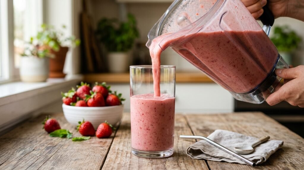 Fresh strawberry smoothie garnished with fruit, mint, and chia seeds.