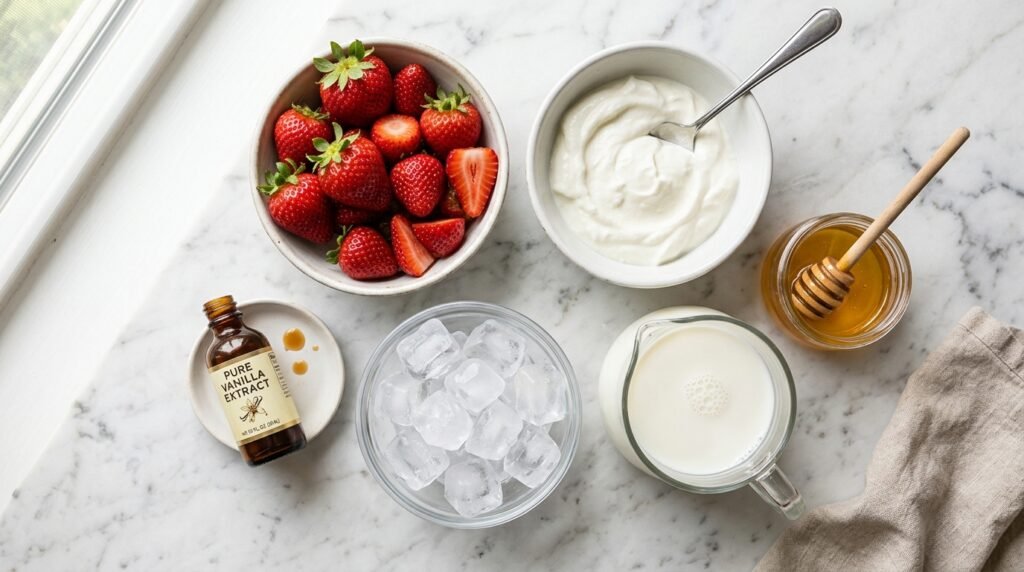 Ingredients needed to make a homemade strawberry smoothie.