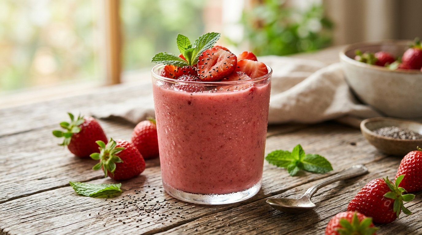 Creamy homemade strawberry smoothie served with fresh strawberries and mint.