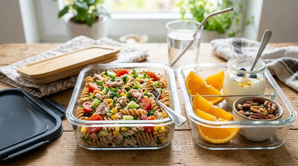 Healthy tuna pasta salad for office lunch