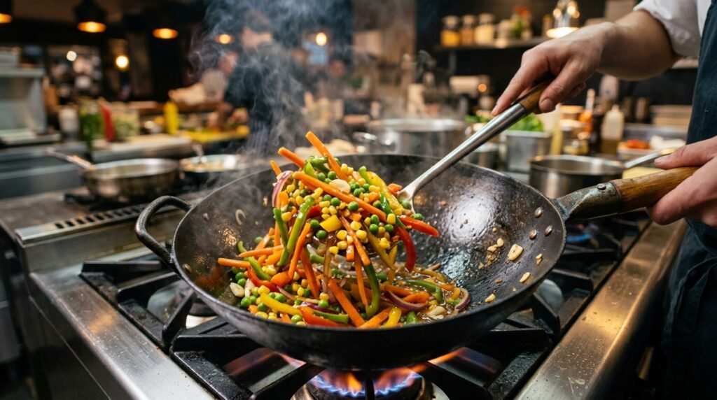 Cooking vegetables for chicken fried rice