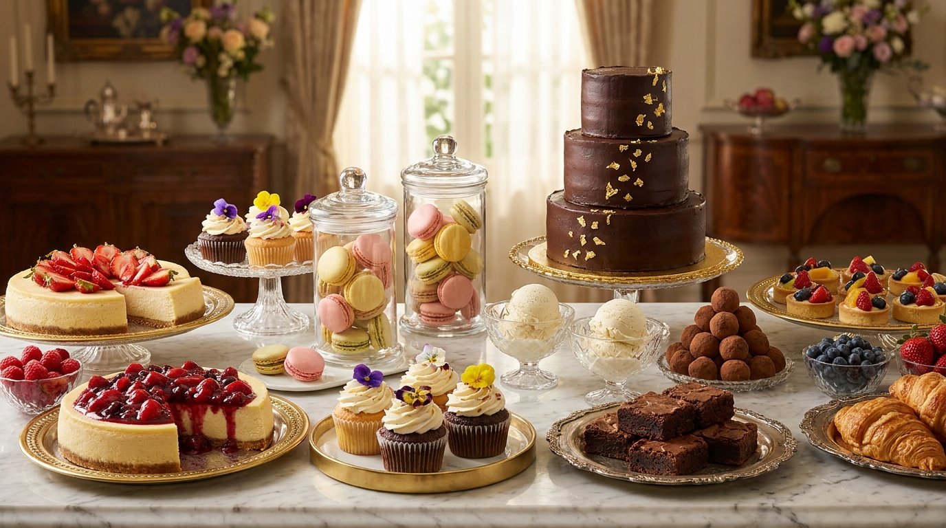 A variety of delicious desserts including cakes, pastries, cookies, and ice cream beautifully arranged on a dessert table.